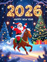 christmas card with horse, santa claus  and gifts
