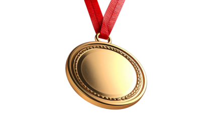 A golden award medal hangs from a red ribbon, isolated on a black background