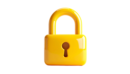 A glossy, golden padlock isolated against a solid black background, showcasing its shape