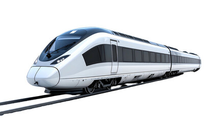Fototapeta premium Sleek, modern, high-speed passenger train traveling on tracks, rendered against black background
