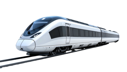 Sleek, modern, high-speed passenger train traveling on tracks, rendered against black background