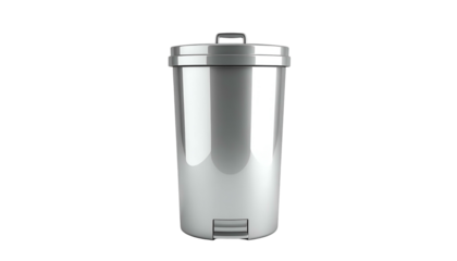 Isolated, metallic trash receptacle with lid and foot pedal against black backdrop