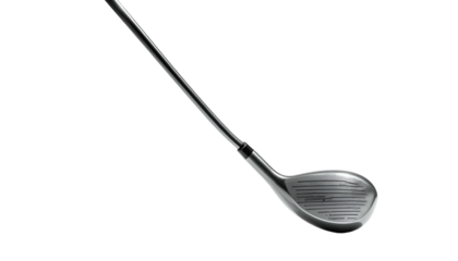 A close-up studio shot of a shiny golf hybrid club against a black background
