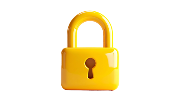 A glossy, golden padlock isolated against a solid black background, showcasing its shape - Powered by Adobe
