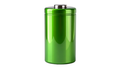 Shiny, green cylindrical object with a silver top, likely a battery, on a black background