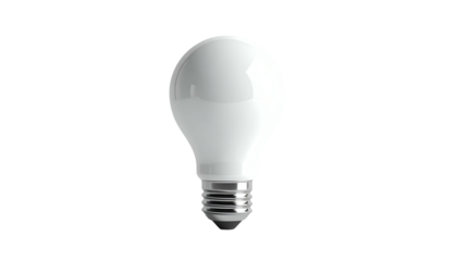 A bright, white lightbulb against a stark black background, showcasing its shape