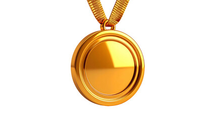 A gleaming gold circular medal with a textured ribbon, isolated on a black background