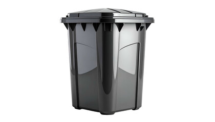 Shiny, gray, plastic waste receptacle with lid, side view