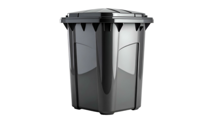 Shiny, gray, plastic waste receptacle with lid, side view