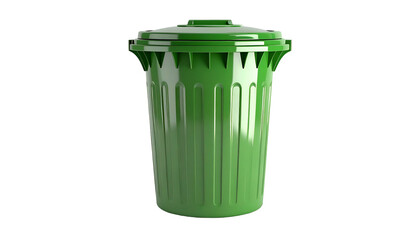 A detailed image of a green trash can with a lid on a black background