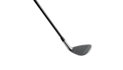 Close-up of a single golf club angled downward on a stark black background