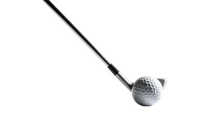 Metallic golf club head hovering over a dimpled white ball, set against a black backdrop