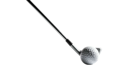 Metallic golf club head hovering over a dimpled white ball, set against a black backdrop