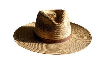 A sunlit, wide-brimmed straw hat with a brown leather band, set against a black background