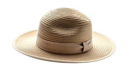 Angled, isolated close-up of a woven straw fedora hat, tan band, on black background