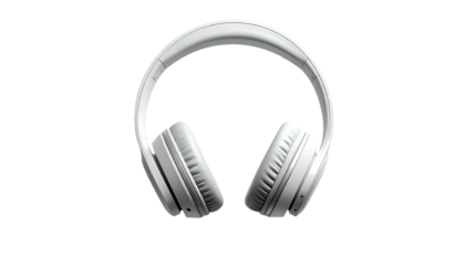 Front view of sleek white over-ear headphones, poised against a stark black background