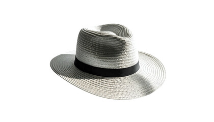 A stylish, wide-brimmed straw hat with a black band, casting a shadow on a black background