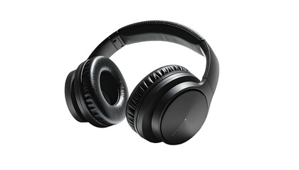 Sleek, over-ear headphones, entirely black, floating against a black background