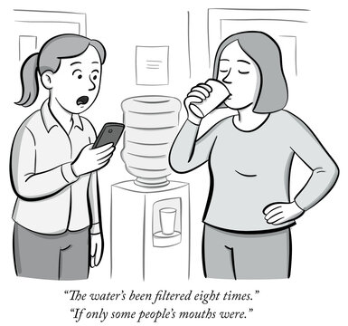 Black and white editorial cartoon of two women talking by a water cooler in an office