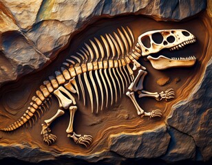 close up of a dinosaur skeleton fossil embedded in rock with earthy tones macro shot of ancient remains with detailed texture design for poster print wallpaper banner generative ai
