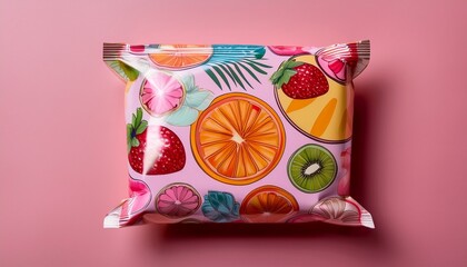 colorful snack packaging design with vibrant fruit inspired patterns displayed on a pink isolated background