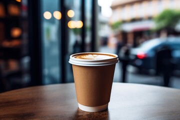 Latte art coffee in a disposable cup sitting on a wooden table in front of a blurry urban street