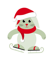 bunny with cap and scarf on ice skates isolated on white background