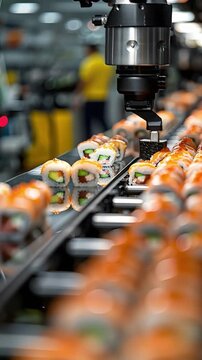 Machines are working in a food production facility. They are preparing sushi rolls on a conveyor belt. The process takes place in a factory setting. It focuses on efficiency and speed