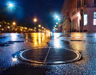 nighttime reflection of lights on wet streets and drain cover