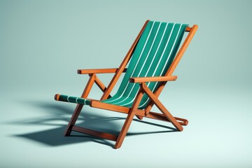 Empty green striped wooden deck chair standing on a light background casting a shadow
