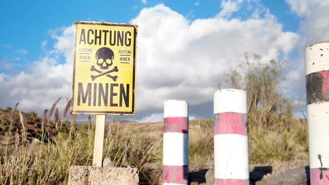 Yellow warning sign with a skull and crossbones reading Achtung Minen, German for Warning Mines, marking the border of a dangerous minefield in a former warzone under a cloudy sky