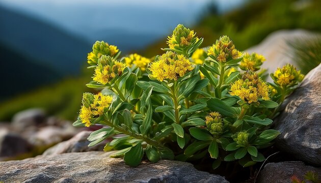photograph of rhodiola rosea with yellow flowers and green leaves growing on rocky terrain close up view ayurveda ayurvedic herbs generative ai