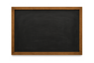 Blank black chalkboard with a wooden frame, providing a textured surface for education, messages, or creative content on a transparent background