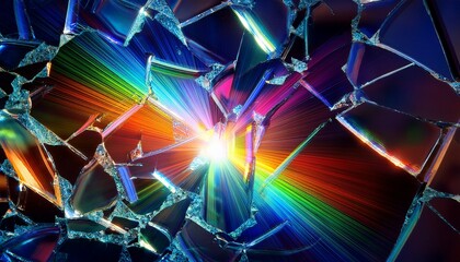 shattered glass with rainbow light refraction and lens flare