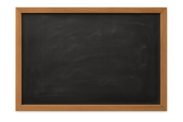 Black chalkboard with wooden frame showing a textured blackboard surface. Empty classroom education concept, transparent background