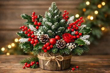 Festive Christmas arrangement with pine and berries. Holiday decorations. Winter designs. Seasonal projects.