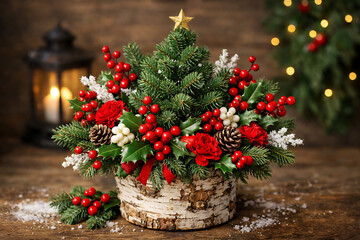 Christmas centerpiece with fir branches and red berries. Christmas decorations. Holiday designs. Winter projects.