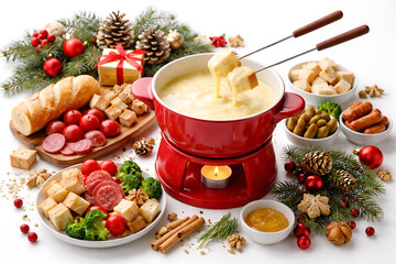 Cheese fondue pot with festive appetizers. Christmas food designs. Holiday visuals. Winter projects.