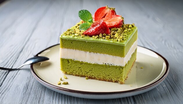 square slice of matcha sponge cake with fresh cream strawberries mint and pistachio crumbs