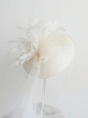 Cloud Dancer 2026 ethereal white fascinator with delicate feathers and veil. Luxury bridal headpiece for sophisticated occasions. Perfect for wedding catalogs, fashion accessories, and elegant event m