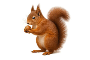 Obraz premium Red squirrel sciurus vulgaris holding a hazelnut, wildlife animal collecting food, transparent background