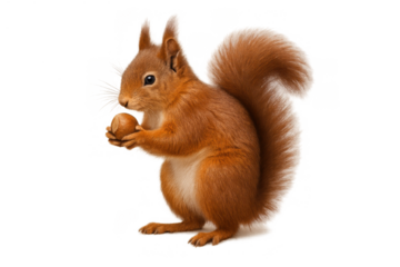 Red squirrel sciurus vulgaris holding a hazelnut, wildlife animal collecting food, transparent background