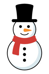 Classic cartoon snowman wearing a black top hat and red scarf isolated on white background