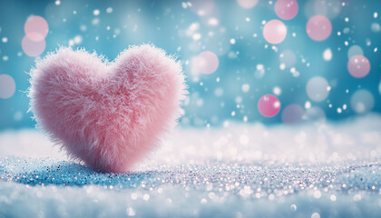 Floating Pink Heart Shape Covered In Glitter On A Snowy Blue Background With Soft Bokeh Lights