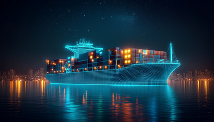 Obraz premium Digital network container ship sails night. Futuristic, glowing blue lines with city skyline background. High-tech global shipping