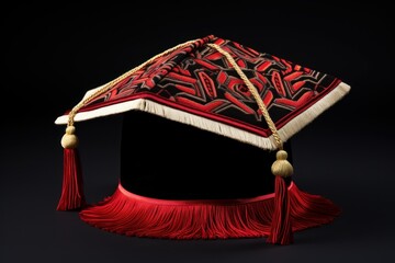 Traditional biretta hat with intricate red and black embroidery, fringe, and a gold tassel