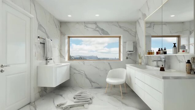 luxurious 4K 3D animated rendering of modern white marble bathroom with large windows allowing natural light to flood in emphasizing sleek design contemporary materials and high end interior aes tics