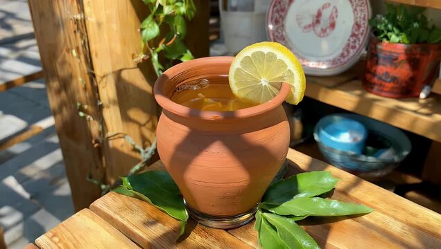 panning 4K close up capturing refreshing Mexican cocktail in traditional adobe cup garnished with slice of lemon placed on sunny outdoor restaurant counter perfect for culinary travel and lifestyle