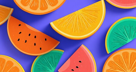 Fototapeta premium Vibrant Fruit Slices: A lively assortment of colorful fruit slices, including oranges, watermelons, and limes, arranged in a visually appealing pattern.