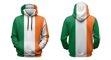 Patriotic hoodie mock up featuring Ireland national flag design front and back casual streetwear apparel fashion clothing style isolated white background